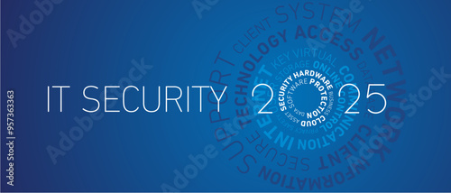 IT Security 2025 New Year abstract wheel circle word cloud text white shining sparkle firework bold light typography blue greeting card banner