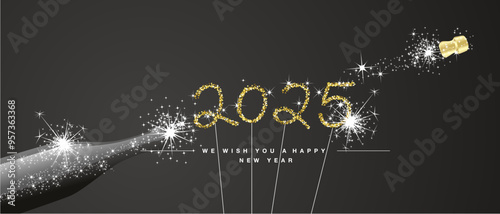 We wish you Happy New Year 2025 eve handwritten tipography 2025 golden glitter stars sparkler fireworks open champagne bottle black background. New Year 2025 greeting card