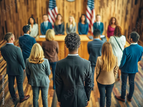 A man stands in front of a group of people in a courtroom. The man is wearing a suit and tie photo