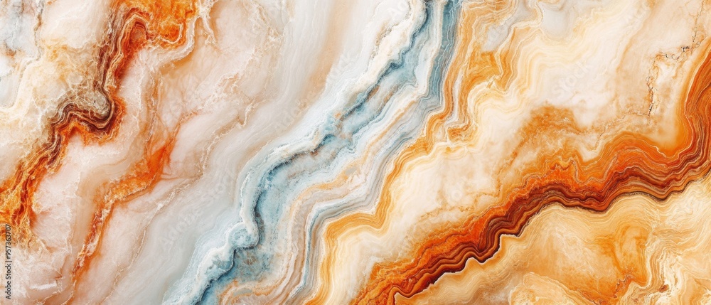A large piece of art with a blue and white stripe and orange and brown swirls A large piece of art with a blue and white stripe and orange and brown swirls
