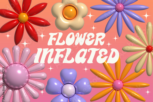 Aesthetic 3d glossy flowers illustration set. 3d inflated flowers vector illustration set