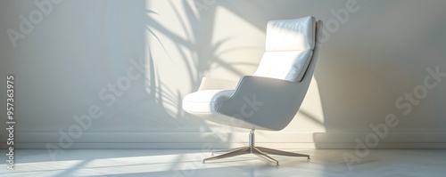 A 3D render of a white modern office chair with a sleek design, placed against a plain, neutral backdrop. The high key lighting highlights the chaira??s smooth upholstery and contemporary style. photo