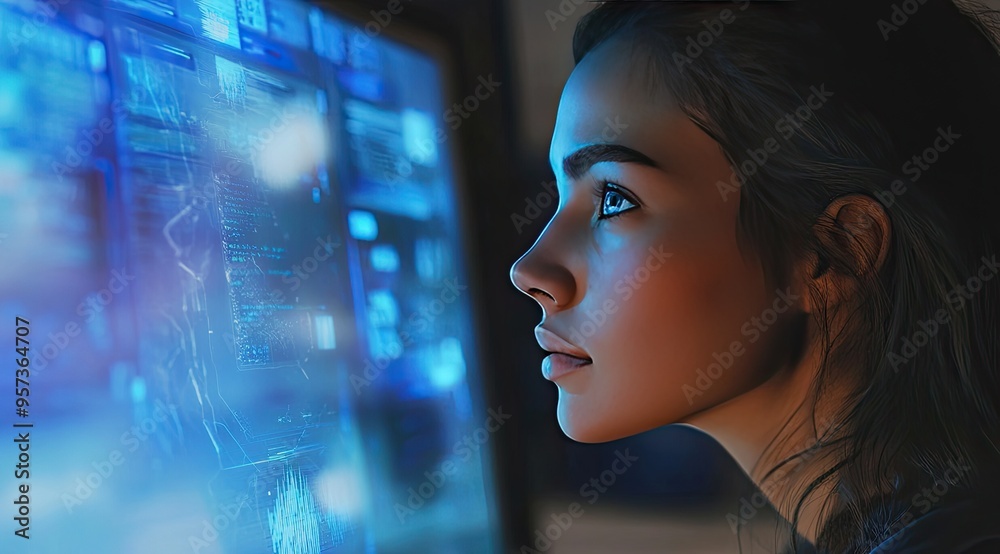 A girl immersed in her work, skillfully coding amidst glowing holographic data in a vibrant, high-tech urban environment at night A girl immersed in her work, skillfully coding amidst glowing holographic data in a vibrant, high-tech urban environment at night