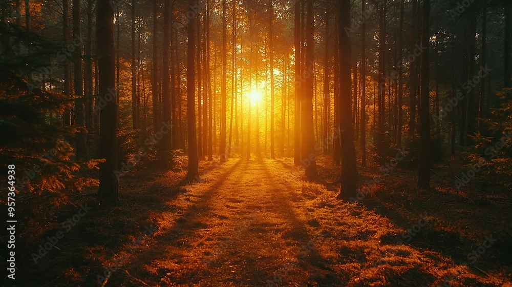Fototapeta premium Path in forest with sun shining through trees on both sides