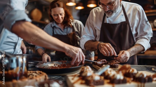 Middle-Aged Friends Enjoying Gourmet Dessert Cooking Class with Expert Chef Present photo