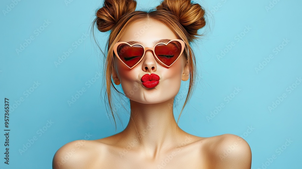 A woman in heart-shaped sunglasses blows a kiss. Great for social media posts, blog articles, and advertisements. A woman in heart-shaped sunglasses blows a kiss. Great for social media posts, blog articles, and advertisements.