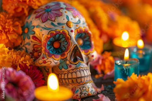 Colorful día de los muertos skull with marigolds and candles celebration