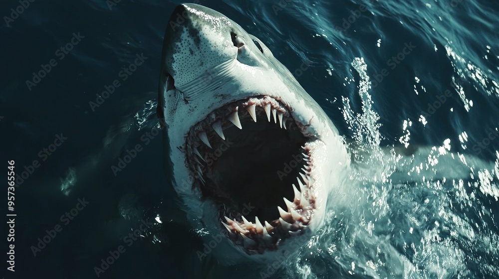 Obraz premium A great white shark opens its mouth wider in a body of water