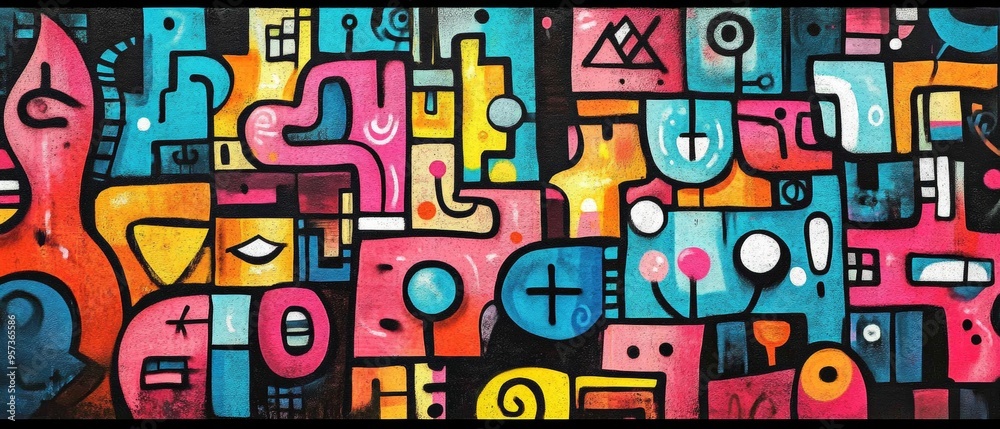 A colorful painting of people and objects with a message of unity and diversity A colorful painting of people and objects with a message of unity and diversity