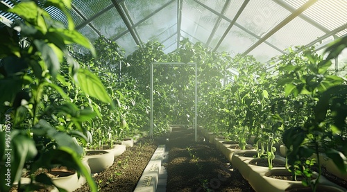 Inside a modern greenhouse  lush green plants thrive under bright natural light. Advanced growing systems and sustainable practices support a healthy ecosystem for future agriculture