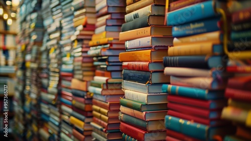 Towering Stack of Colorful Textbooks in a Busy Bookstore