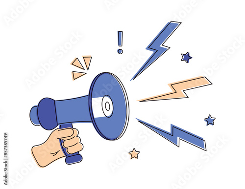 Election 2024. Vote 2024. Marketing and advertising. Megaphone in human hand. Election campaign. Democracy and freedom speech. Loudspeaker or megaphone. Expression opinion. Flat vector illustration.