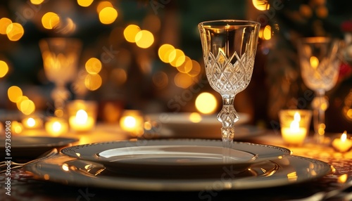 Crystal Glass on Holiday Table with Warm Candlelight photo