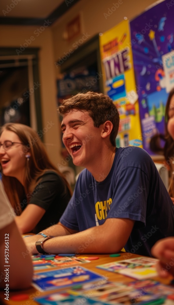 Fototapeta premium High School Graduates Celebrating College Acceptances with Fun Board Games at Home