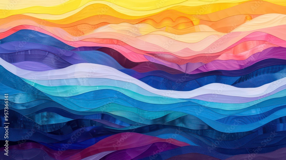 Obraz premium Abstract layered paper art with yellow, orange, purple, and blue waves.