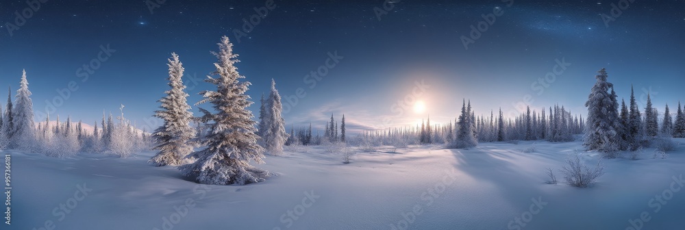 Fototapeta premium A peaceful winter night unfolds with snow-covered trees standing tall against a clear sky. Moonlight reflects off a quiet frosty ground, creating a tranquil atmosphere