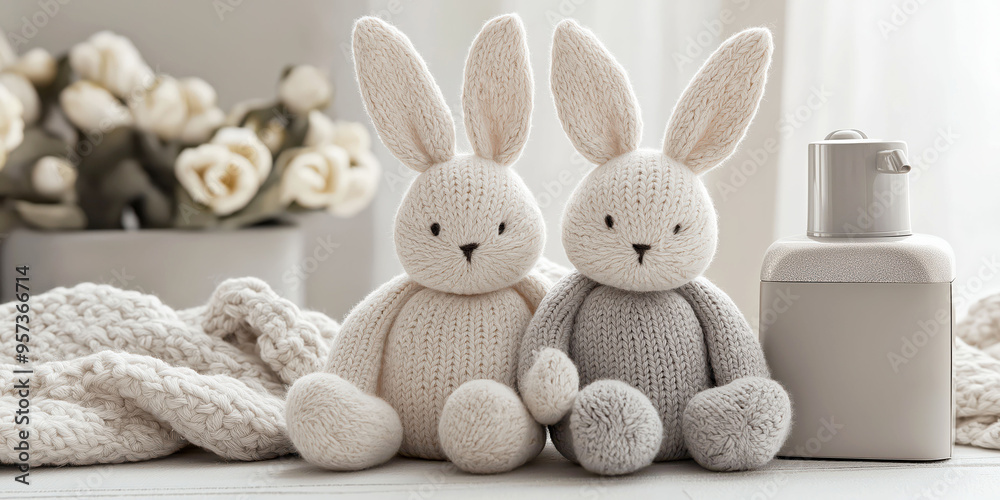 Cozy knitted bunny toys and flowers in soft pastel decor Cozy knitted bunny toys and flowers in soft pastel decor