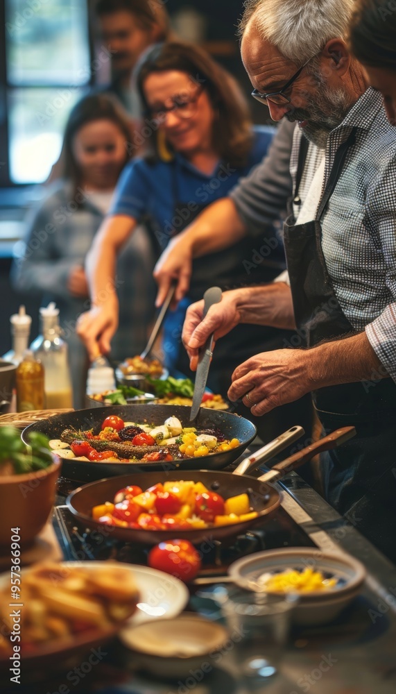 Middle-Aged Friends Learning to Make Spanish Tapas in a Cooking Class - Small, Flavorful Dishes Middle-Aged Friends Learning to Make Spanish Tapas in a Cooking Class - Small, Flavorful Dishes