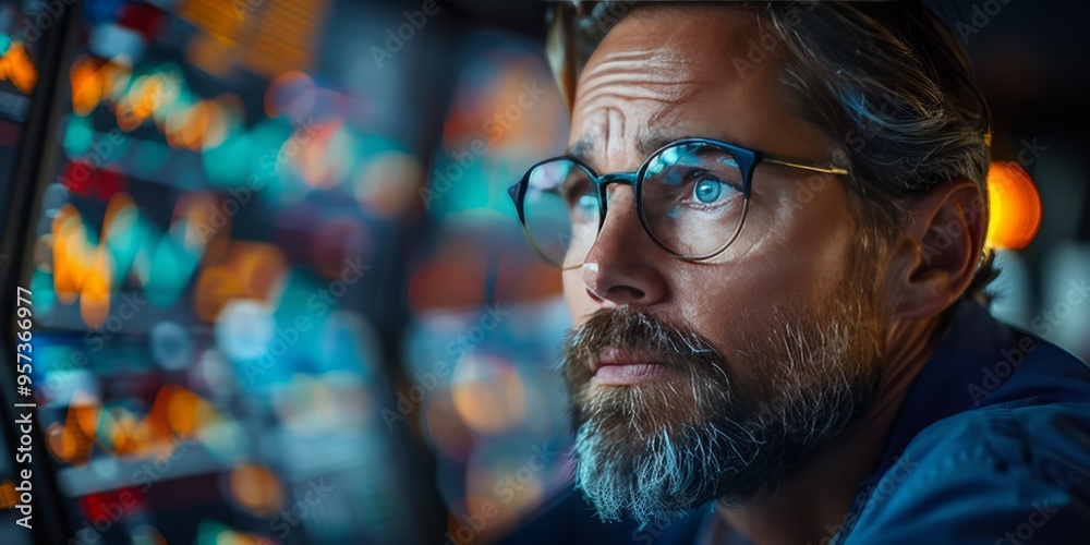 Close-up of a focused man wearing glasses looking at colorful digital data on a screen in a dark room Close-up of a focused man wearing glasses looking at colorful digital data on a screen in a dark room