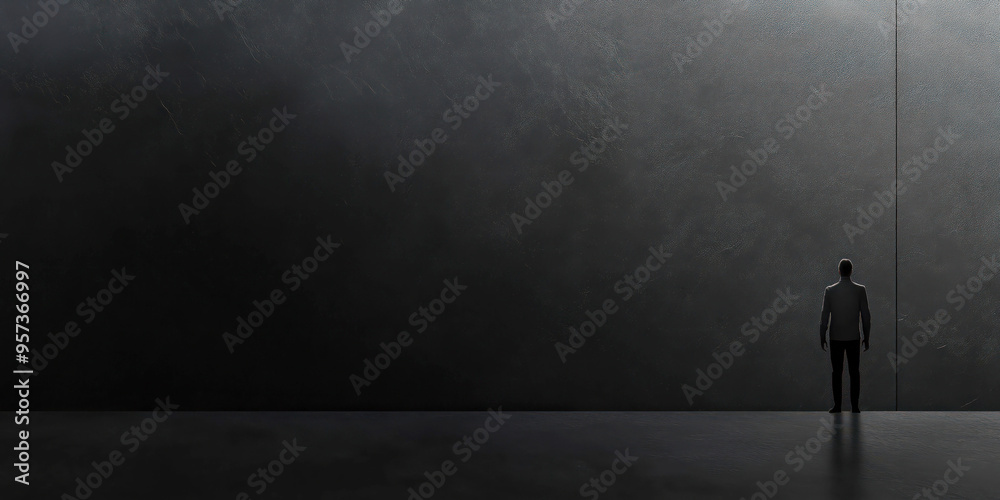 Solitary figure facing vast concrete wall in minimalist atmosphere Solitary figure facing vast concrete wall in minimalist atmosphere