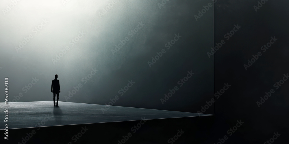 Obraz premium Silhouetted figure in minimalistic surreal space with dramatic lighting and abstract composition