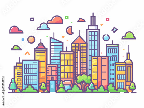 Futuristic City Skyline: Vector Icon for Urban Planning, Construction, and Virtual Simulation