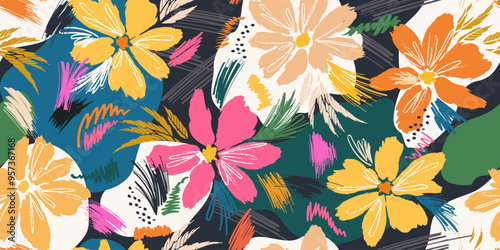 Modern seamless floral pattern. Background collage of large flowers with brush strokes. Various botanical geometric line elements are brightly scattered. Vector for printing on fabric, wallpaper, clot