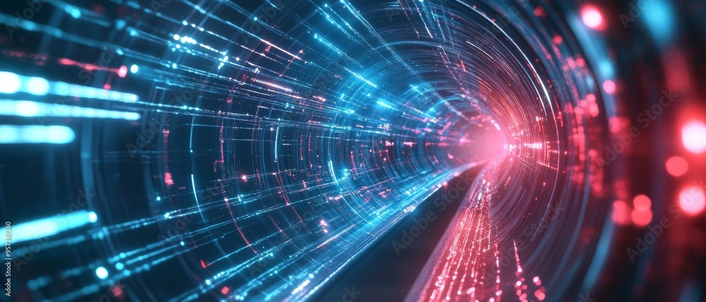 Fototapeta premium A tunnel with a blue and red light is shown