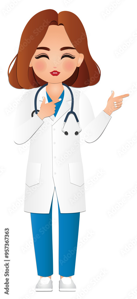 Cute cartoon woman in doctor uniform with different acting character Cute cartoon woman in doctor uniform with different acting character