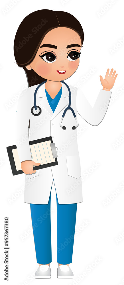 Cute cartoon woman in doctor uniform with different acting character Cute cartoon woman in doctor uniform with different acting character