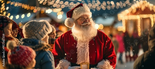 Santa Claus Leading a Joyous Carol Singing Session in a Festively Decorated Town Square photo