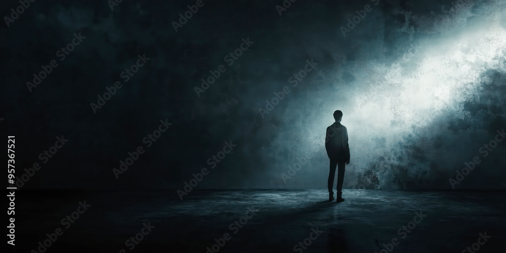 Silhouette of man in dramatic lighting: solitude in a dark abstract atmosphere Silhouette of man in dramatic lighting: solitude in a dark abstract atmosphere