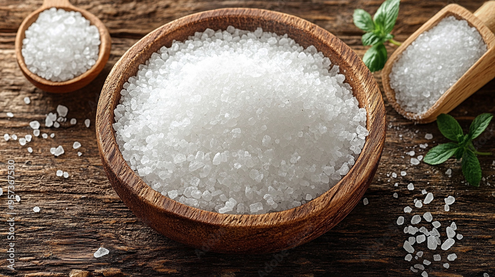 sea salt crystals scattered on a rustic wooden surface, showcasing their coarse texture and natural white color. The image captures a serene and calming atmosphere, evoking a sense of relaxation sea salt crystals scattered on a rustic wooden surface, showcasing their coarse texture and natural white color. The image captures a serene and calming atmosphere, evoking a sense of relaxation