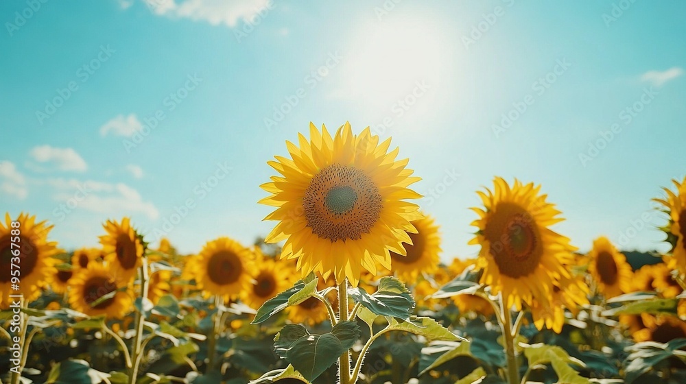 Obraz premium Sunflower field with blue sky and cloudy backdrop