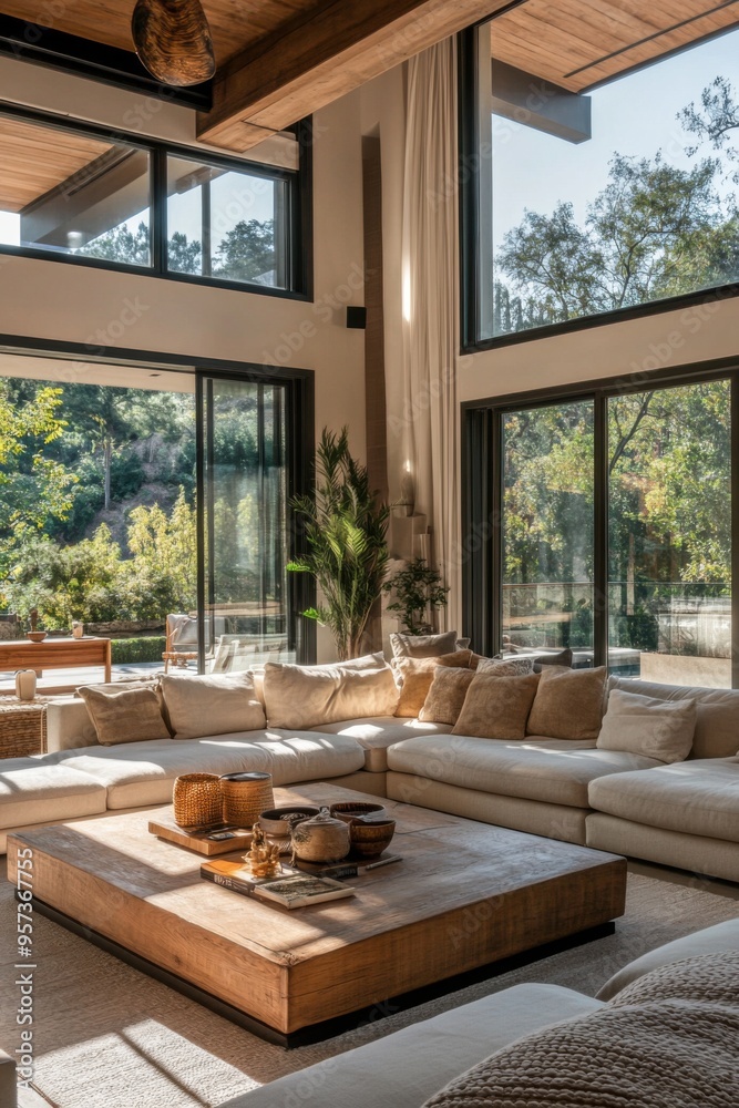 Luxurious modern living room with large windows