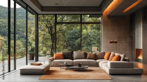 Luxurious modern living room with large windows