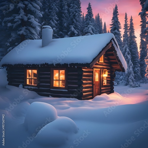 Cinematic snowy cabin vibrant wallpaper background