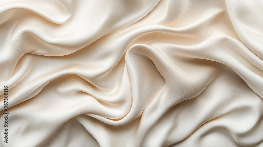 Cream-colored satin fabric with smooth, flowing folds. Close-up texture for textile and interior design. Cream-colored satin fabric with smooth, flowing folds. Close-up texture for textile and interior design.