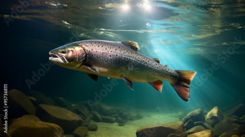 Predatory fish beautiful Salmon models in crystal clear water. Neural network ai generated art