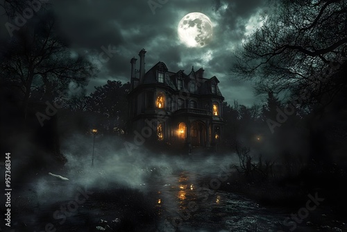 Spooky Haunted Mansion at Night with Full Moon and Misty Atmosphere - Perfect for Horror, Halloween, and Gothic-Themed Designs and Backgrounds