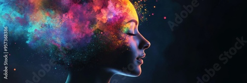 A human head silhouette stands against a dark backdrop, with vibrant colors and abstract shapes erupting outward, representing creative thoughts and imagination in full bloom