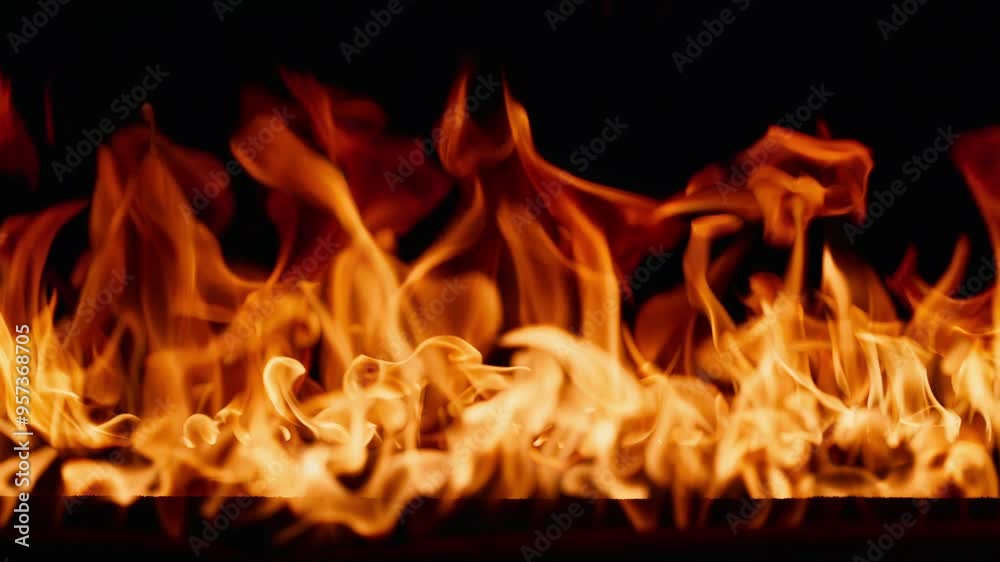 Beautiful dancing fire, the surface is ablaze. Lots of fire. Close-up immersion in the flames. The camera passes through the fire. Burning tongues of flame on a black backdrop in slow motion Beautiful dancing fire, the surface is ablaze. Lots of fire. Close-up immersion in the flames. The camera passes through the fire. Burning tongues of flame on a black backdrop in slow motion
