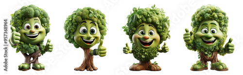 tree character icon set with ok finger symbol, isolated on transparent background, generated ai