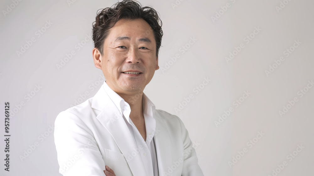 Confident Asian Man in His 50s Wearing a White Business Suit and Smiling. Concept of Professionalism, Confidence, Successful Executives. White background. Copy space