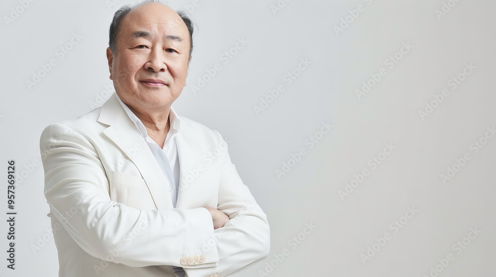 Confident Elderly Asian Man in White Business Suit with Arms Crossed. Concept of Professionalism, Leadership, Senior Confidence. White background. Copy space Confident Elderly Asian Man in White Business Suit with Arms Crossed. Concept of Professionalism, Leadership, Senior Confidence. White background. Copy space