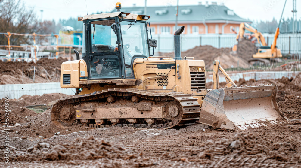 Bulldozer Leveling the Ground at a Construction Site in an Urban Environment. Concept of Urban Development, Heavy Machinery, Building Process Bulldozer Leveling the Ground at a Construction Site in an Urban Environment. Concept of Urban Development, Heavy Machinery, Building Process