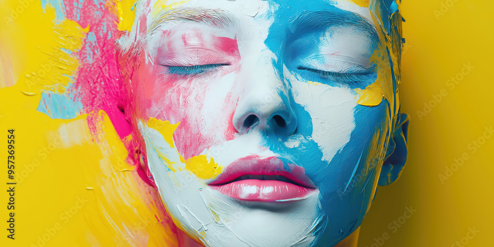 Obraz premium Vibrant expression: colorful face art on yellow canvas background