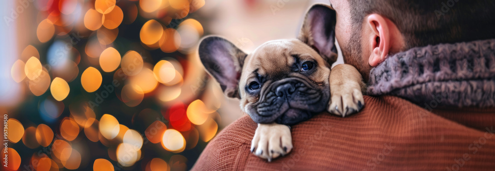 Caucasian Man Hugging a French Bulldog Puppy Near Christmas Tree Lights. Concept of Holiday Spirit, Pet Companionship, Festive Season. Wide banne. Copy space Caucasian Man Hugging a French Bulldog Puppy Near Christmas Tree Lights. Concept of Holiday Spirit, Pet Companionship, Festive Season. Wide banne. Copy space