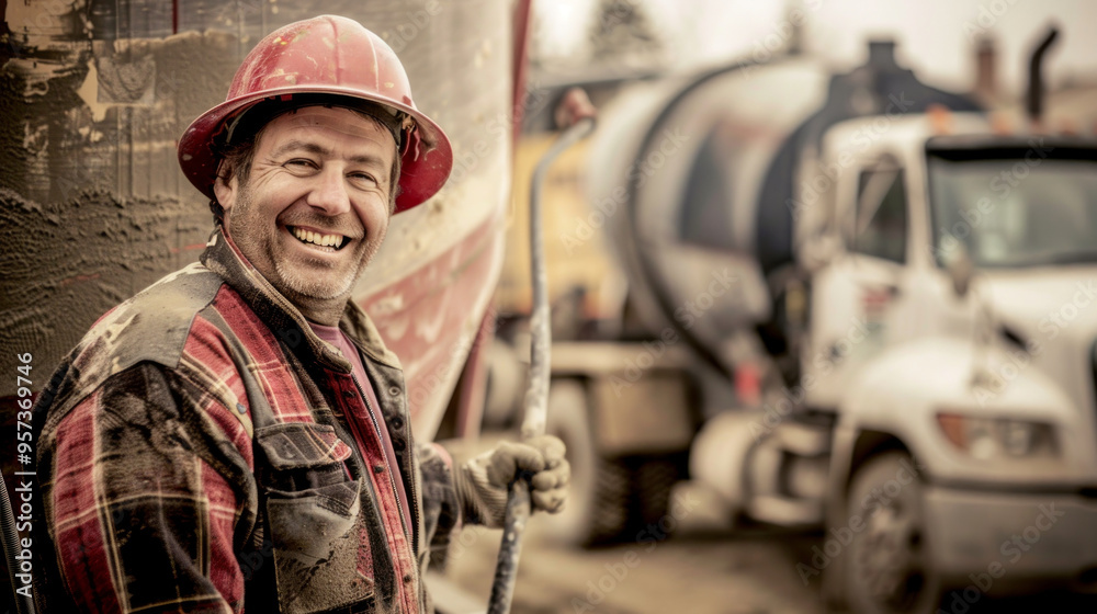Smiling Construction Worker in Plaid Shirt Standing By a Concrete Mixer Truck on a Construction Site. Concept of hardworking professionals, manual labor, construction industry Smiling Construction Worker in Plaid Shirt Standing By a Concrete Mixer Truck on a Construction Site. Concept of hardworking professionals, manual labor, construction industry