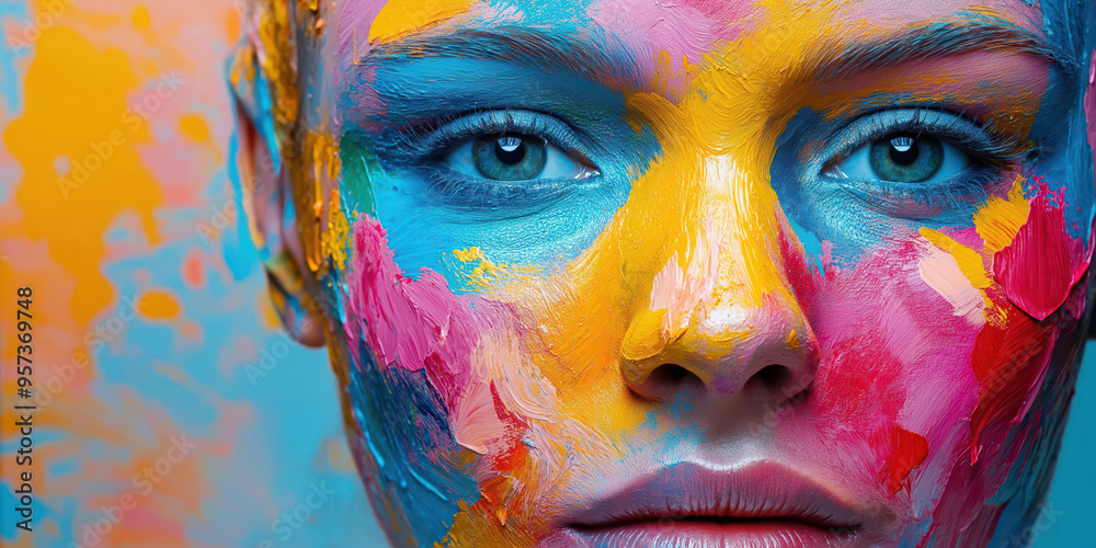 Obraz premium Vibrant portrait with colorful paint strokes on face in artistic expression